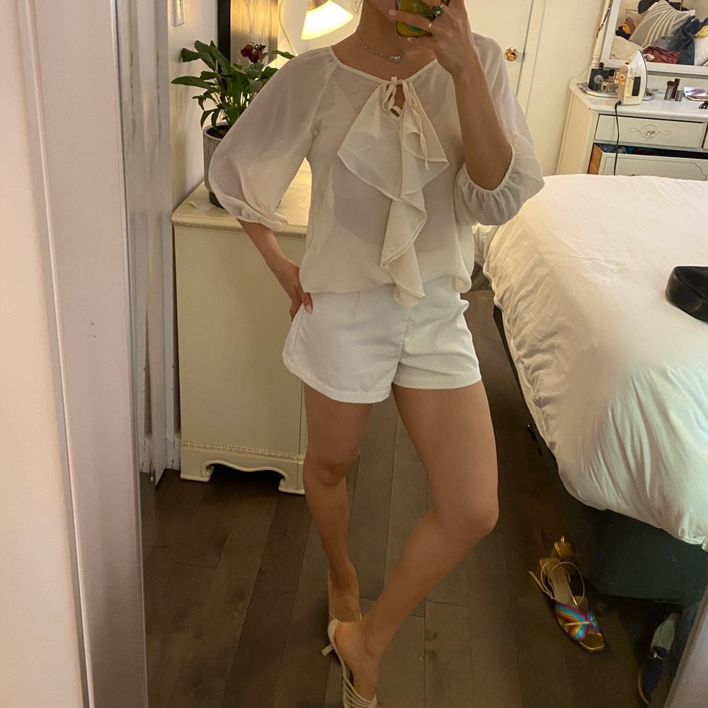 Cream see-through long sleeves blouse